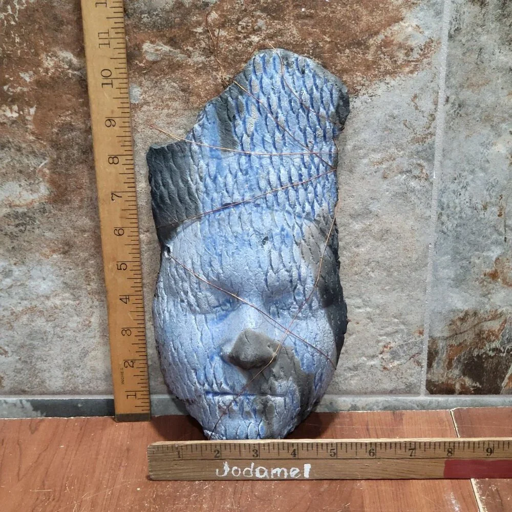 Amorrisete Handmade Sculptural Clay Face Mask Scale Pattern Copper Wire Wall Art